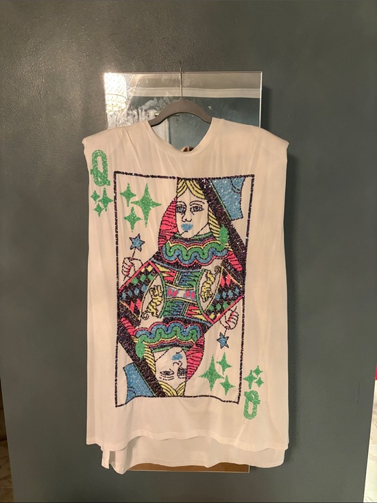 QUEEN OF SPARKLES Dresses & Skirts - QUEEN OF SPARKLES White Mini Dress with Multicolor Sequin Playing Card Motif